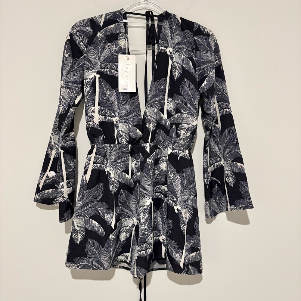 Lucy Paris‎ palm leaf long sleeve romper blue white size small